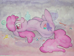 Size: 4032x3024 | Tagged: safe, artist:papersurgery, berry punch, berryshine, earth pony, pony, alcohol, female, looking at you, looking back, lying down, mare, solo, traditional art, watercolor painting