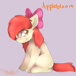 Size: 500x500 | Tagged: safe, artist:goldypirate, apple bloom, earth pony, pony, alternate hairstyle, blank flank, eyebrows visible through hair, female, filly, looking at you, simple background, sitting, smiling, solo