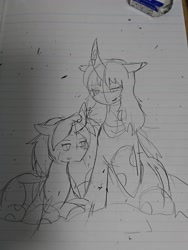 Size: 1080x1440 | Tagged: safe, artist:omegapony16, oc, oc only, changeling, changeling queen, changeling queen oc, curved horn, duo, eraser, horn, irl, lineart, lined paper, photo, prone, raised hoof, traditional art