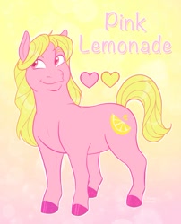 Size: 803x995 | Tagged: safe, artist:goldypirate, oc, oc only, oc:pink lemonade, earth pony, pony, abstract background, cutie mark, female, food, heart, lemon, mare, ponysona, solo