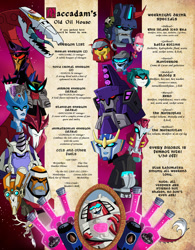 Size: 950x1221 | Tagged: safe, artist:adelightfultedium, idw, discord, draconequus, blaster, chromia, cy-kill, hasbro, knock out, official, pony cameo, rung, sky lynx, strongarm, swerve, tidal wave, transformers, transformers animated, uncial script