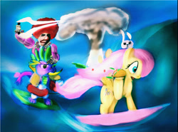 Size: 1442x1066 | Tagged: safe, artist:daedric-pony, angel bunny, fluttershy, spike, dragon, pegasus, pony, absurd, banana, clown, energy weapon, food, surfboard, taco, weapon, wtf