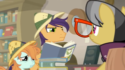 Size: 1600x900 | Tagged: safe, screencap, a.k. yearling, peach fuzz, pony, daring doubt, angry, book, bookshelf, endeavour, female, filly, glasses, heartbreak, library, sad, shelf, upset