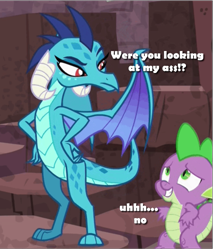 Size: 535x627 | Tagged: safe, edit, edited screencap, screencap, princess ember, spike, dragon, gauntlet of fire, caption, caught, cropped, dragoness, female, image macro, male, text, vulgar