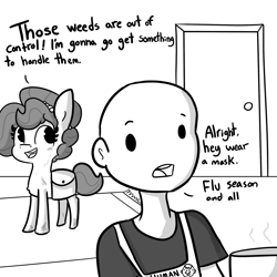 Size: 2250x2250 | Tagged: safe, artist:tjpones, part of a set, oc, oc only, oc:brownie bun, oc:richard, earth pony, human, pony, horse wife, bag, bald, dialogue, female, jewelry, male, monochrome, necklace, pearl necklace, saddle bag, simple background, white background