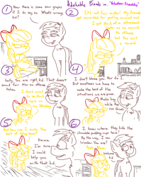 Size: 4779x6013 | Tagged: safe, artist:adorkabletwilightandfriends, apple bloom, scootaloo, sweetie belle, oc, oc:winslow, earth pony, pony, comic:adorkable twilight and friends, adorabloom, adorkable, adorkable friends, apple bloom's bow, book, bow, comic, conversation, cute, cutie mark crusaders, dork, elderly, female, filly, friendship, growing up, hair bow, learning, pouting, retirement home, shelf, slice of life, upset, wisdom