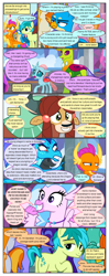 Size: 612x1553 | Tagged: safe, artist:newbiespud, edit, edited screencap, screencap, gallus, ocellus, princess ember, sandbar, silverstream, smolder, thorax, yona, changedling, changeling, classical hippogriff, dragon, earth pony, griffon, hippogriff, pony, yak, comic:friendship is dragons, school daze, annoyed, background pony, background pony audience, comic, crossed arms, dialogue, dragoness, excited, female, frown, grin, king thorax, lidded eyes, male, screencap comic, smiling, student six