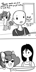 Size: 2250x4500 | Tagged: safe, artist:tjpones, oc, oc only, oc:brownie bun, oc:richard, earth pony, human, pony, horse wife, bag, bald, comic, dialogue, female, friday the 13th, hockey mask, jewelry, machete, male, mask, monochrome, necklace, pearl necklace, saddle bag, simple background, white background