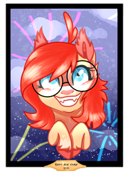 Size: 1430x1908 | Tagged: safe, artist:koloredkat, oc, oc only, oc:koloredkat, bat pony, pony, bat pony oc, bust, female, fireworks, glasses, grin, mare, smiling, unshorn fetlocks