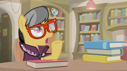 Size: 1600x900 | Tagged: safe, screencap, a.k. yearling, pegasus, pony, daring doubt, book, bookshelf, cape, clothes, female, glasses, library, mare, shelf, sitting, solo