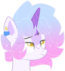 Size: 1280x1403 | Tagged: safe, artist:azrealrou, oc, oc only, oc:trending style, pony, unicorn, golden eyes, gradient hair, lidded eyes, looking at something, piercing, simple background, solo, sparkles, transparent background, unamused