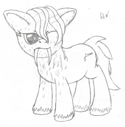 Size: 900x912 | Tagged: safe, artist:quint-t-w, oc, oc only, oc:papercut, original species, pony, annoyed, fangs, lineart, old art, one eye closed, pencil drawing, sabertooth pony, sharp teeth, simple background, sketch, solo, teeth, traditional art, unshorn fetlocks, wet, wet mane, white background, wink