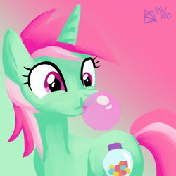 Size: 1750x1750 | Tagged: safe, artist:kelseyleah, minty bubblegum, pony, unicorn, bubblegum, female, food, gum, mare, solo