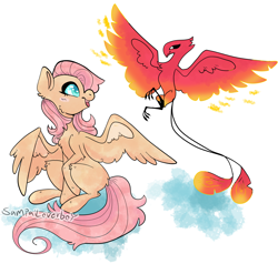 Size: 1530x1455 | Tagged: safe, artist:sampailoverboy, fluttershy, philomena, pegasus, phoenix, pony, cute, duo, female, flying, heart eyes, looking at each other, mare, redesign, shyabetes, signature, sitting, spread wings, wingding eyes, wings