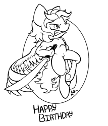 Size: 1164x1360 | Tagged: safe, artist:lucas_gaxiola, oc, oc only, oc:the brony chef, anthro, pegasus, unguligrade anthro, flying, gritted teeth, happy birthday, lineart, male, monochrome, pegasus oc, scowl, signature, solo, sword, underhoof, weapon, wings