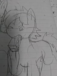 Size: 1080x1440 | Tagged: safe, artist:omegapony16, oc, oc only, earth pony, pony, earth pony oc, eating, lineart, lined paper, mouth hold, one eye closed, raised hoof, traditional art, wink