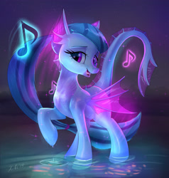 Size: 2903x3052 | Tagged: safe, alternate version, artist:xbi, sonata dusk, hybrid, original species, pony, beach, ear fins, female, fin wings, half-siren, looking at you, music, music notes, night, ocean, raised hoof, singing, species swap, water, wings