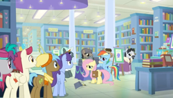 Size: 1600x900 | Tagged: safe, screencap, biff, neigh sayer, november rain, pinot noir, rogue (character), shiraz, silver berry, sugar maple, withers, earth pony, pegasus, pony, unicorn, daring doubt, background pony, book, bookshelf, bookstore, clothes, crowd, disguise, dr caballeron, fake beard, female, friendship student, george r.r. martin, glasses, groom q.q. martingale, henchmen, line-up, male, maple leaf, mare, robe, saddle bag, scarf, shelf, stallion, table, toque