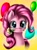 Size: 1024x1383 | Tagged: safe, artist:ninatvpk, pinkie pie, earth pony, pony, balloon, bust, cute, diapinkes, female, flower, flower in mouth, looking at you, mare, mouth hold, portrait, simple background, smiling, solo, yellow background