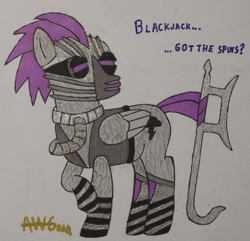 Size: 3284x3160 | Tagged: safe, artist:awgear, oc, oc only, oc:morning glory (project horizons), pegasus, pony, fallout equestria, fallout equestria: project horizons, burned, dashite, dashite brand, enclave, fanfic art, female, gray coat, hooksword, kabal, mask, mortal kombat, purple mane, purple tail, solo, traditional art