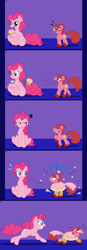 Size: 798x2287 | Tagged: safe, artist:ravenpuff, pinkie pie, earth pony, food pony, original species, pony, annoyed, comic, cupcake, female, food, frown, grin, kirby (character), male, mare, onomatopoeia, ponified, running, scared, smiling, stallion, transformation