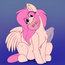 Size: 3500x3500 | Tagged: safe, artist:airfly-pony, part of a set, oc, oc only, oc:peach hack, pegasus, pony, birb, blue background, eye clipping through hair, female, heart, looking at you, mare, mouth hold, simple background, sitting, ych result