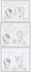 Size: 599x1375 | Tagged: safe, artist:ravenpuff, oc, oc:kip, oc:muujiza, :p, colt, comic, dialogue, erlenmeyer flask, frown, glowing horn, grayscale, grin, horn, jewelry, magic, male, monochrome, necklace, skull, smiling, stallion, telekinesis, tongue out, traditional art