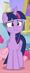 Size: 355x872 | Tagged: safe, screencap, pinkie pie, twilight sparkle, twilight sparkle (alicorn), alicorn, earth pony, pony, the ending of the end, cropped, cute, offscreen character, solo focus, twiabetes, worried