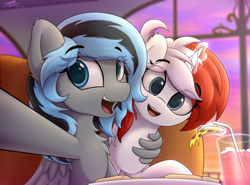 Size: 3884x2880 | Tagged: safe, artist:av-4, artist:avastin4, oc, oc only, oc:luny, oc:stock piston, pegasus, pony, unicorn, bendy straw, chest fluff, drink, drinking straw, duo, eye clipping through hair, female, food, hug, looking at you, magic, mare, pizza, selfie, sitting, smiling, straw, telekinesis, winghug