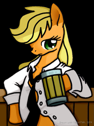 Size: 491x658 | Tagged: safe, artist:doqwor, applejack, earth pony, pony, semi-anthro, bipedal, button-up shirt, hatless, hoof hold, lidded eyes, missing accessory, necktie, solo, tankard