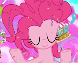 Size: 1151x936 | Tagged: safe, screencap, discord, pinkie pie, earth pony, pony, the ending of the end, chaos pinkie, cropped, eyes closed, smiling, solo focus