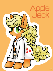 Size: 492x657 | Tagged: safe, artist:doqwor, applejack, earth pony, pony, alternate hairstyle, clothes, cute, cutie mark on clothes, female, hatless, jackabetes, lab coat, mare, missing accessory, name tag, orange background, ponytail, simple background, sitting, solo