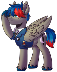 Size: 1024x1287 | Tagged: safe, artist:ak4neh, oc, oc only, oc:xantium, pegasus, pony, clothes, male, necktie, salute, simple background, solo, stallion, suit, transparent background, unshorn fetlocks