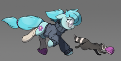 Size: 3292x1662 | Tagged: safe, artist:rexyseven, oc, oc only, oc:whispy slippers, earth pony, pony, raccoon, blushing, clothes, female, glasses, gray background, mare, mouth hold, running, simple background, slippers, socks, sweater