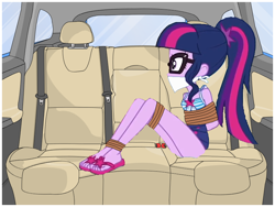 Size: 800x600 | Tagged: safe, artist:brightstar40k, sci-twi, twilight sparkle, equestria girls, bondage, bound and gagged, car, cloth gag, clothes, feet, gag, kidnapped, legs, rope, rope bondage, sandals, swimsuit, tied up