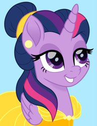 Size: 1159x1500 | Tagged: safe, artist:cloudyglow, twilight sparkle, twilight sparkle (alicorn), alicorn, pony, alternate hairstyle, beauty and the beast, belle, blue background, crossover, disney, ear piercing, earring, jewelry, lidded eyes, movie accurate, piercing, simple background, smiling, solo