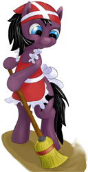 Size: 655x1280 | Tagged: safe, artist:ponyway, oc, oc only, oc:puffy, bat pony, apron, bat pony oc, broom, clothes, female, housewife, looking down, mare, missing wing, naked apron, simple background, smiling, solo, white background