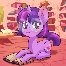 Size: 800x800 | Tagged: safe, artist:lucidlarceny, twilight sparkle, unicorn twilight, pony, unicorn, alternate hairstyle, ask nerdy twilight, book, cute, female, glasses, golden oaks library, library, mare, prone, solo, twiabetes