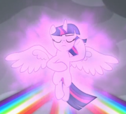 Size: 425x386 | Tagged: safe, screencap, twilight sparkle, twilight sparkle (alicorn), alicorn, the ending of the end, cropped, eyes closed, floating, glow, magic, magic of friendship, majestic, solo