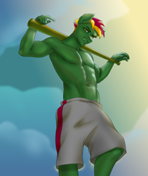 Size: 1000x1184 | Tagged: safe, oc, oc only, oc:verdant spring, anthro, earth pony, abs, armpits, baseball bat, clothes, male, partial nudity, shorts, solo, topless