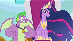 Size: 1920x1080 | Tagged: safe, screencap, princess twilight 2.0, spike, twilight sparkle, twilight sparkle (alicorn), alicorn, dragon, pony, the last problem, angry, crown, duo, ethereal mane, faic, female, folded wings, gigachad spike, hoof shoes, jewelry, male, mare, older, older spike, peytral, regalia, sitting, spread wings, surprised, throne, throne room, winged spike, wings