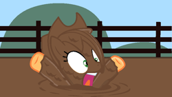 Size: 738x417 | Tagged: safe, artist:grapefruitface1, applejack, earth pony, pony, base used, cowboy hat, fence, hat, hooves up, mud, outdoors, peril, quicksand, screaming, solo, stetson