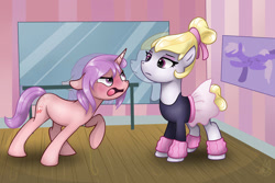 Size: 1024x683 | Tagged: safe, artist:blupolicebox, hoofer steps, oc, oc:bella primadonna, pony, angry, ballerina, blushing, clothes, incorrect mirror, legwarmers, mirror, skirt, tutu