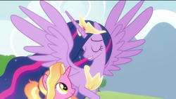 Size: 1920x1080 | Tagged: safe, screencap, luster dawn, princess twilight 2.0, twilight sparkle, twilight sparkle (alicorn), alicorn, pony, unicorn, the last problem, crown, ethereal mane, eyes closed, female, jewelry, mare, peytral, ponytail, regalia, smiling, spread wings, teacher and student, wings