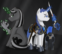 Size: 928x806 | Tagged: safe, artist:ravenpuff, oc, oc only, oc:alias, oc:serene grace, changeling, armor, changeling oc, duo, eyelashes, female, filly, glowing horn, guard, helmet, hoof shoes, horn, magic, male, reflection, stallion, telekinesis, transformation