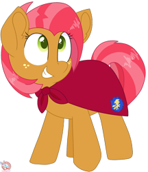 Size: 1408x1633 | Tagged: safe, artist:rainbow eevee, babs seed, earth pony, pony, adorababs, apple family member, cape, clothes, cousin, crusader, cute, cutie mark crusaders patch, fantasy class, female, filly, freckles, green eyes, knight, looking up, paladin, simple background, smiling, solo, transparent background, vector, warrior