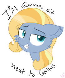 Size: 951x1137 | Tagged: safe, artist:rainbow eevee, goldy wings, pony, bust, cheek fluff, cute, edgy, female, friendship student, implied gallus, lidded eyes, looking at you, simple background, smiling, smiling at you, smirk, sneaky, solo, teal eyes, text, transparent background