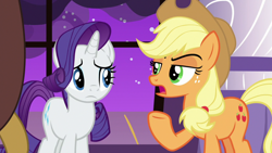 Size: 1920x1080 | Tagged: safe, screencap, applejack, discord, rarity, draconequus, earth pony, pony, unicorn, the summer sun setback, applejack's hat, cowboy hat, discussion, duo focus, female, freckles, frown, hair flip, looking at each other, male, mare, narrowed eyes, night, ponytail, raised hoof, stetson