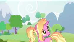 Size: 1920x1080 | Tagged: safe, screencap, luster dawn, pony, unicorn, the last problem, mountain, smiling, solo, tree