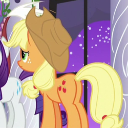 Size: 306x305 | Tagged: safe, screencap, applejack, discord, rarity, earth pony, pony, unicorn, the summer sun setback, applebutt, applejack's hat, canterlot castle, cowboy hat, cropped, cute, cutie mark, female, freckles, frown, hat, mare, night, plot, ponytail, solo focus, stetson, worried